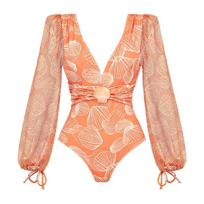 Long Sleeve Shell Decoration High-Waisted Bikini Swimwear