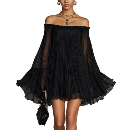 Elegant Black Off-Shoulder Backless Pleated Lantern Sleeve Mini Dress