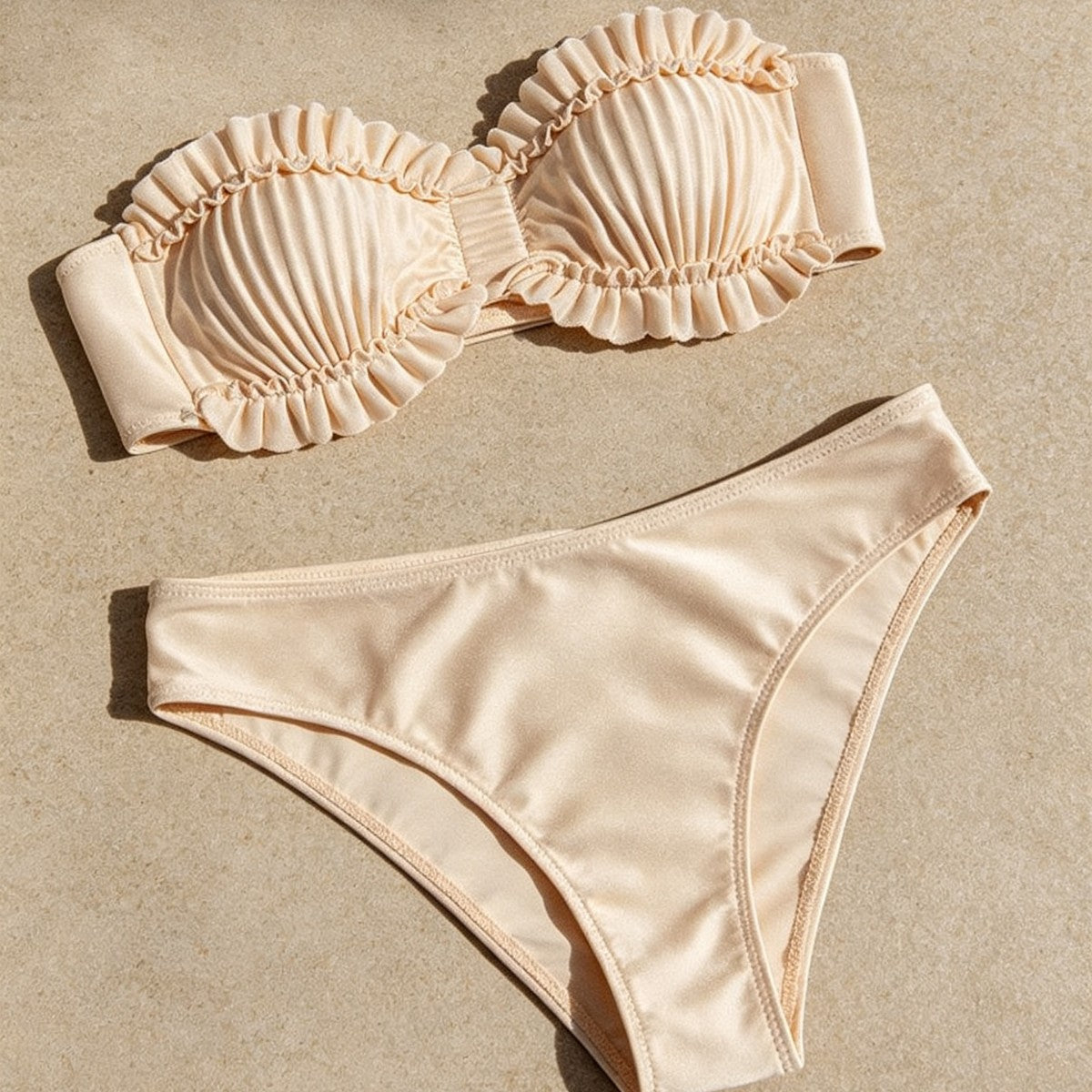 Pleated Solid Color Bikini Set Two-Piece Swimwear for Beach Holiday