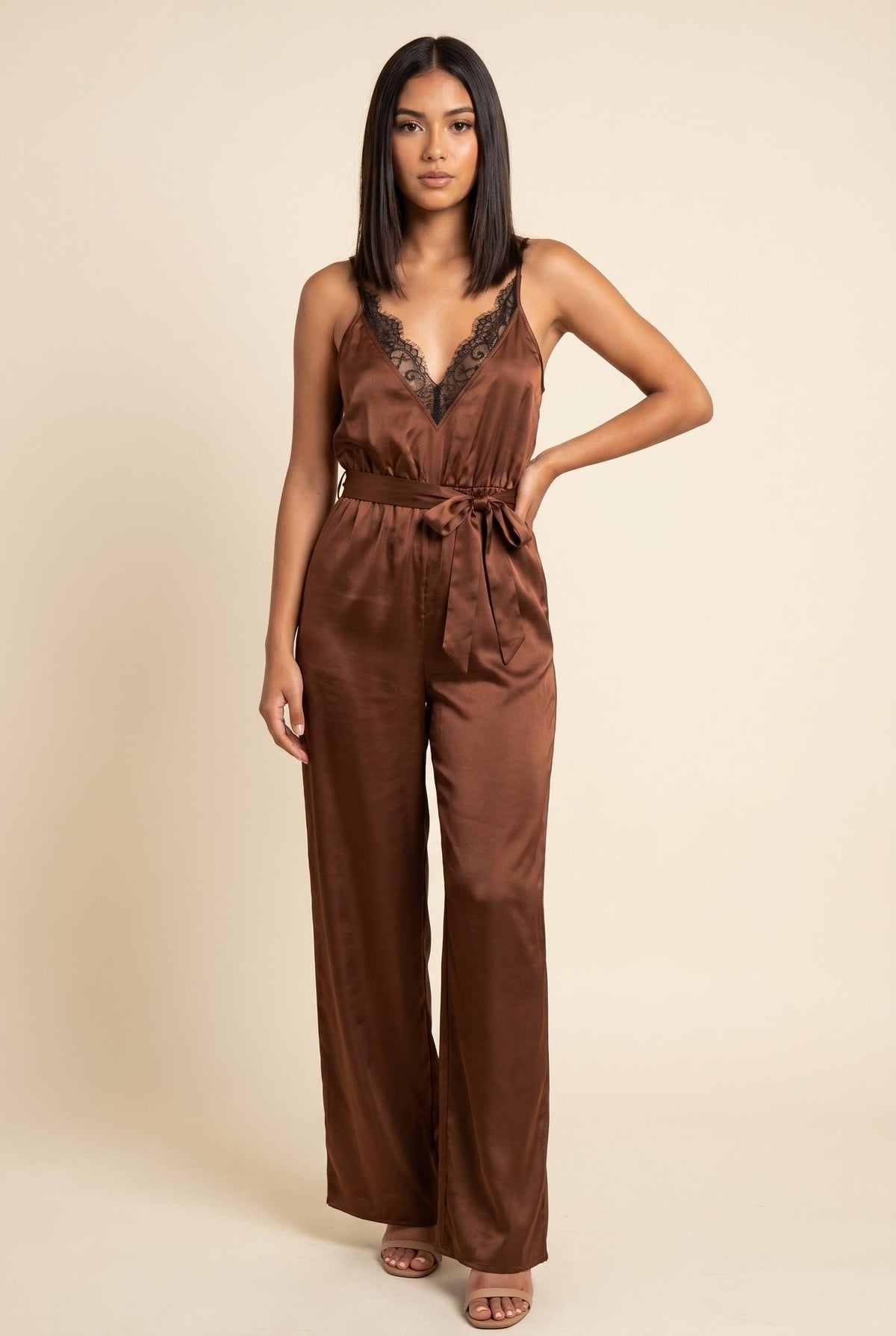 Bordeaux Lace-Trim Satin Jumpsuit