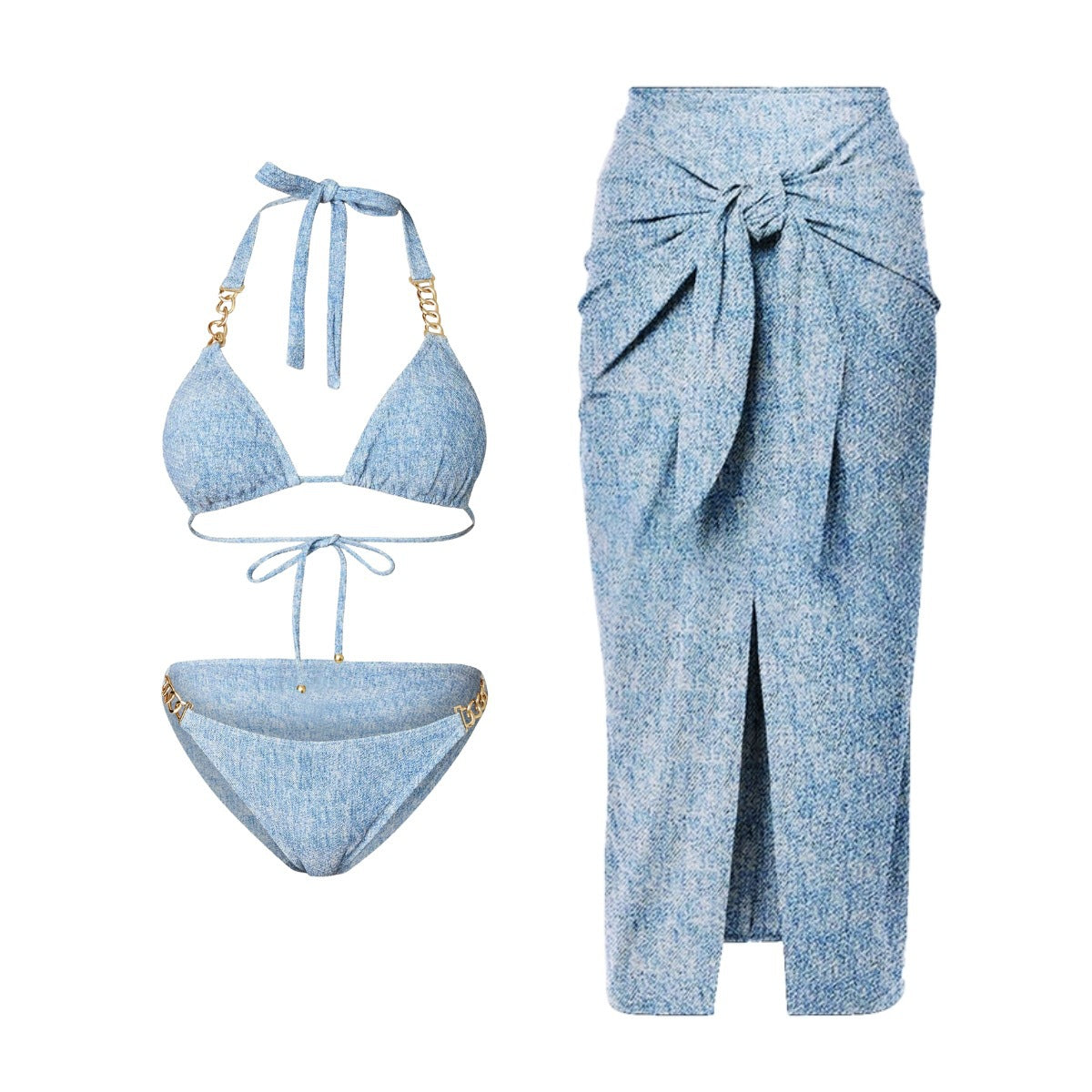 Printed Denim Bikini Set for Women, Sexy Triangular Two-Piece Swimwear