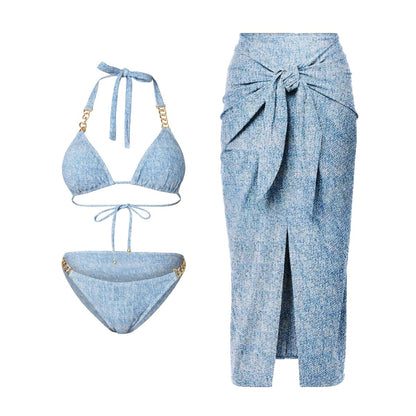Printed Denim Bikini Set for Women, Sexy Triangular Two-Piece Swimwear