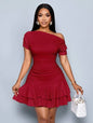 Women's Summer Dress Asymmetrical Shoulder Ruffle Detail Dress