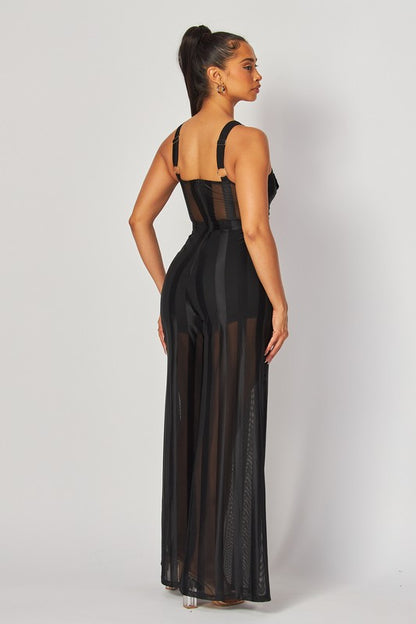 Sleeveless Stripe Mesh Jumpsuit