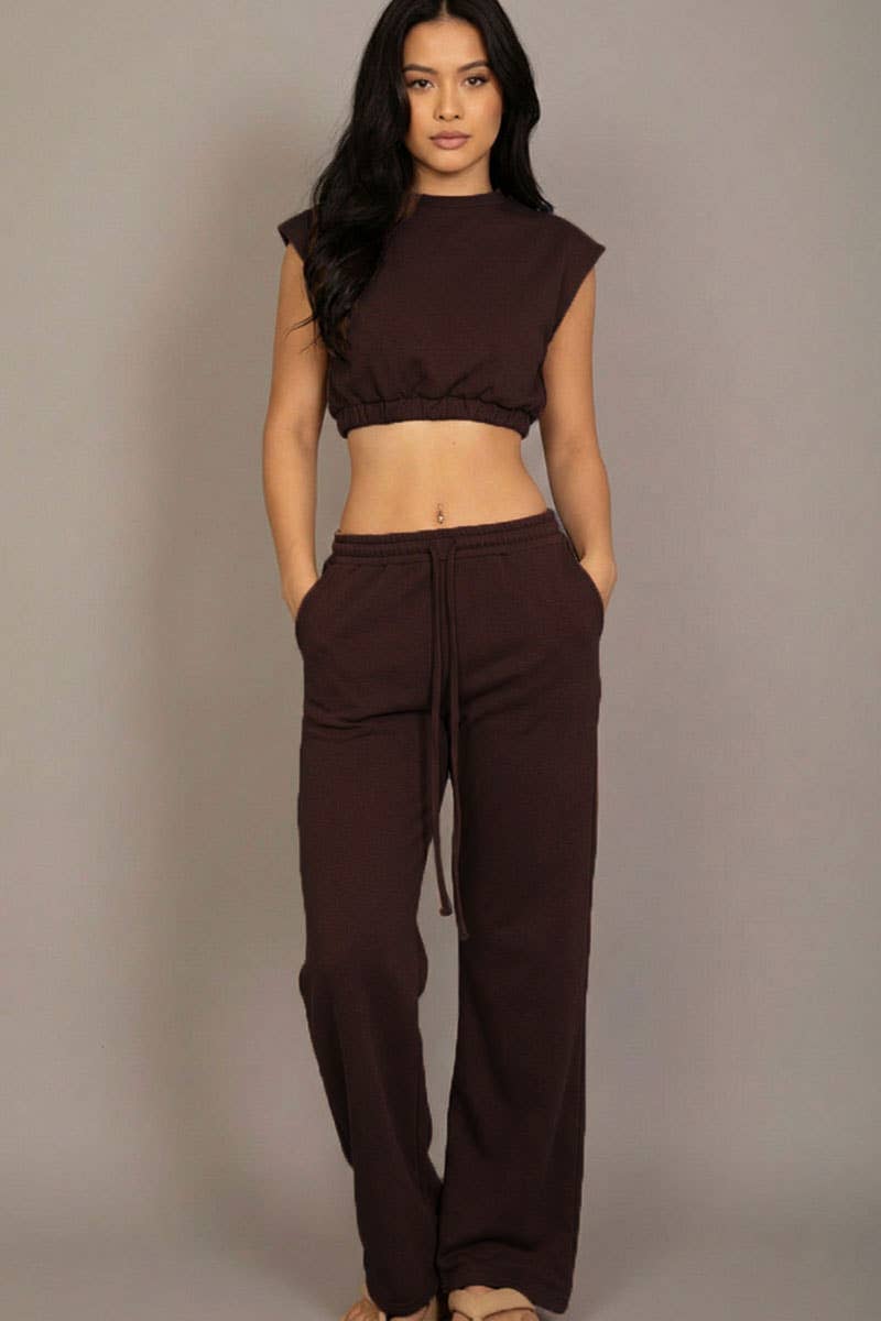 Elastic Hem Crop Top & Wide Leg Pants Set