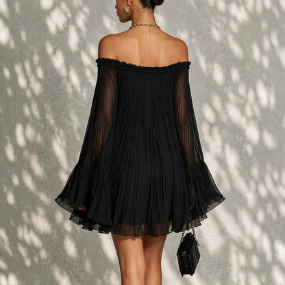 Elegant Black Off-Shoulder Backless Pleated Lantern Sleeve Mini Dress
