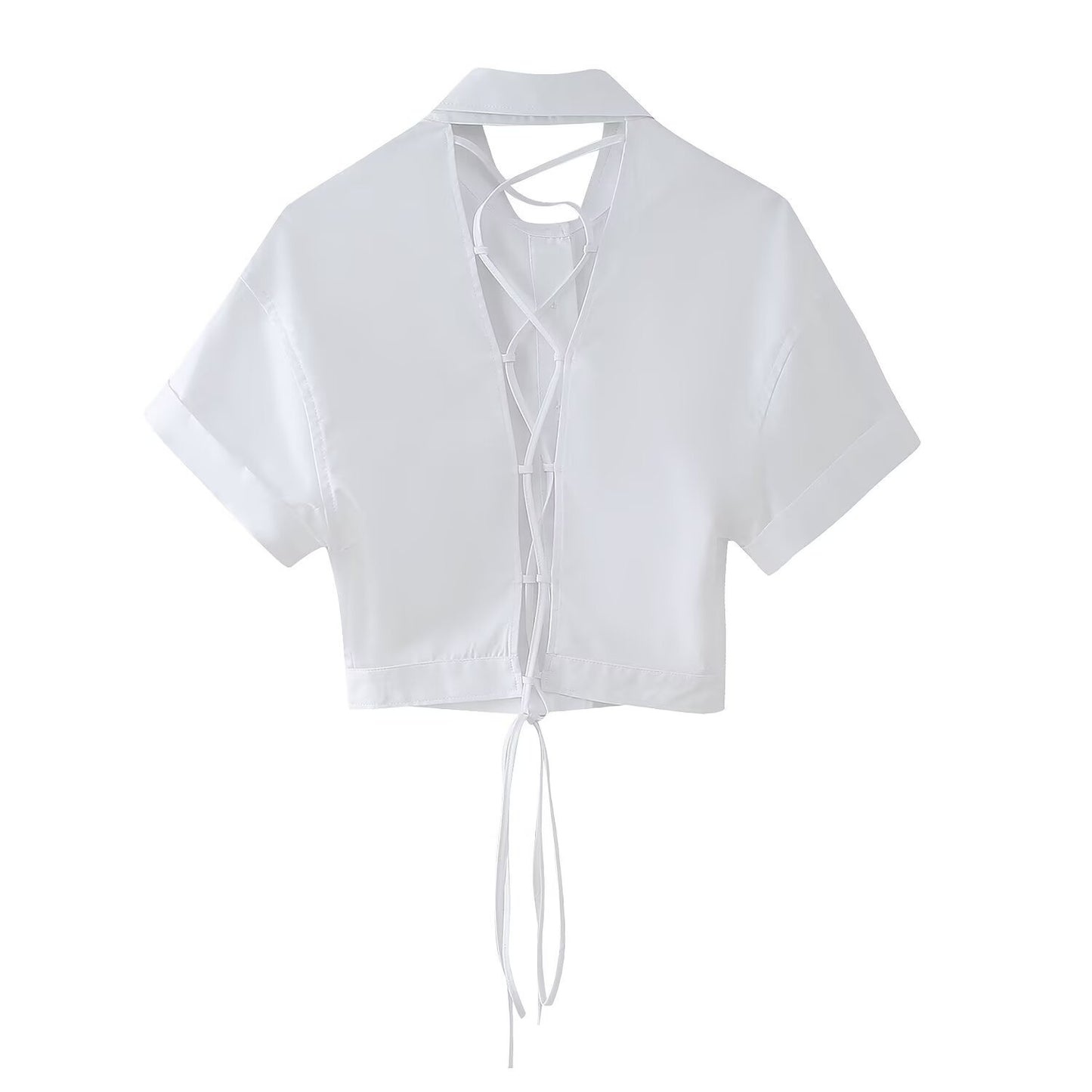 European and American style lapel short sleeved shirt with back tie for women