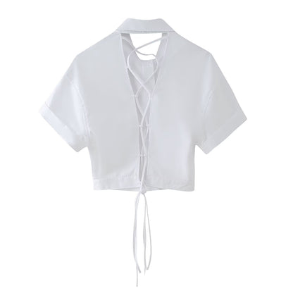 European and American style lapel short sleeved shirt with back tie for women