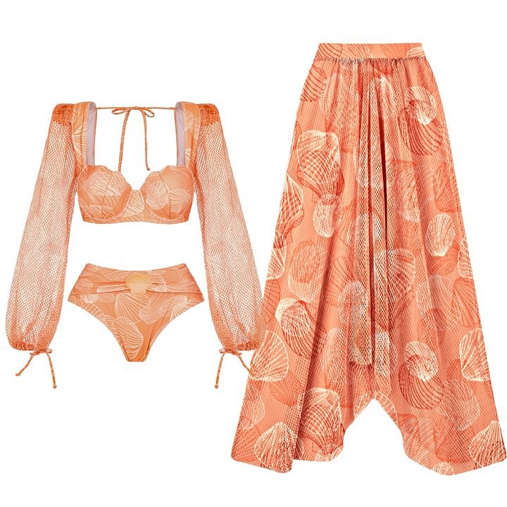 Long Sleeve Shell Decoration High-Waisted Bikini Swimwear