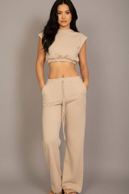 Elastic Hem Crop Top & Wide Leg Pants Set