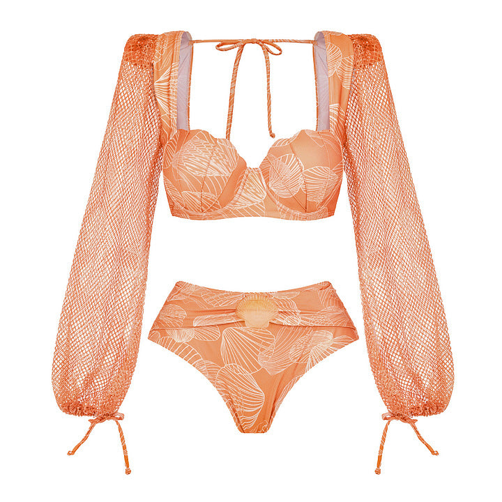 Long Sleeve Shell Decoration High-Waisted Bikini Swimwear