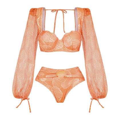 Long Sleeve Shell Decoration High-Waisted Bikini Swimwear