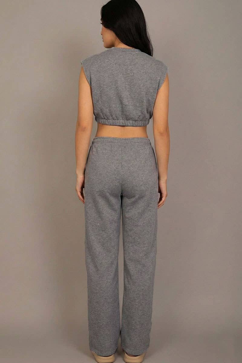 Elastic Hem Crop Top & Wide Leg Pants Set