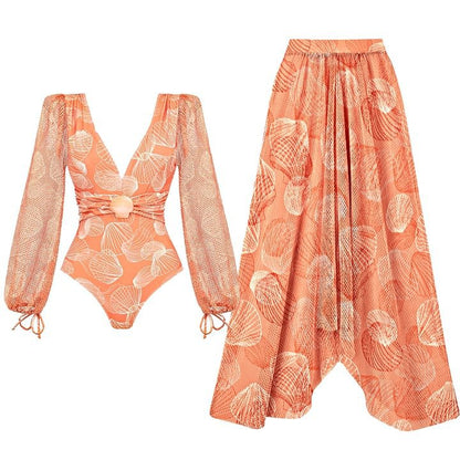 Long Sleeve Shell Decoration High-Waisted Bikini Swimwear