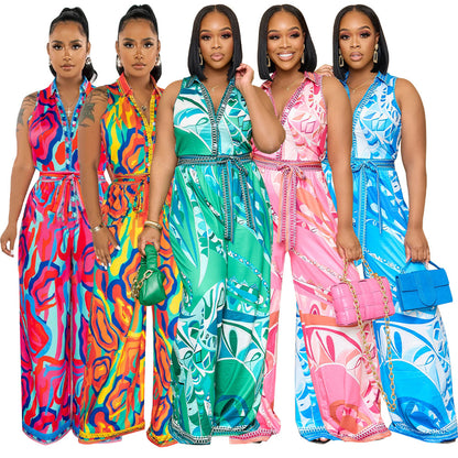 Printed sleeveless V-neck wide leg jumpsuit for women
