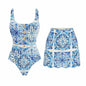 Blue Printed One-Piece Swimsuit for Women Beach Vacation Swimwear