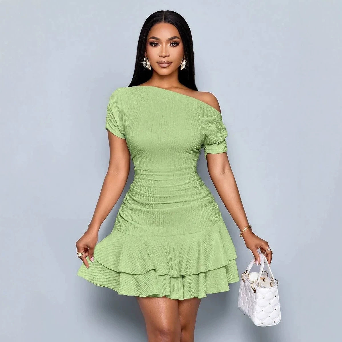 Women's Summer Dress Asymmetrical Shoulder Ruffle Detail Dress