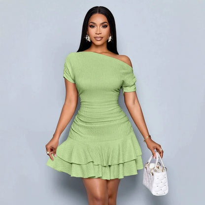 Women's Summer Dress Asymmetrical Shoulder Ruffle Detail Dress