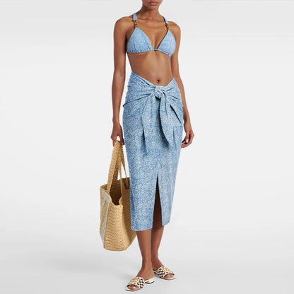 Printed Denim Bikini Set for Women, Sexy Triangular Two-Piece Swimwear