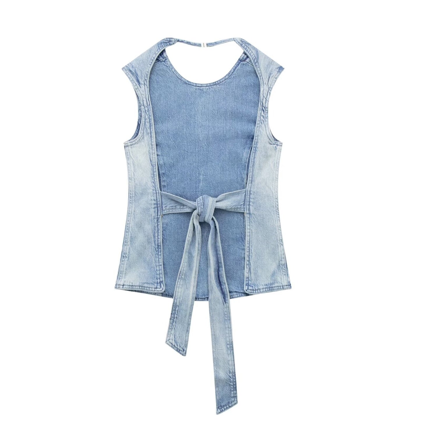 Fashionable temperament round neck backless lace up vintage denim vest for women