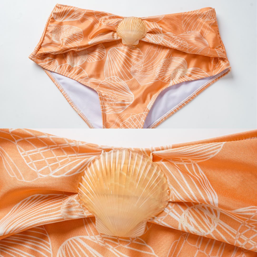 Long Sleeve Shell Decoration High-Waisted Bikini Swimwear