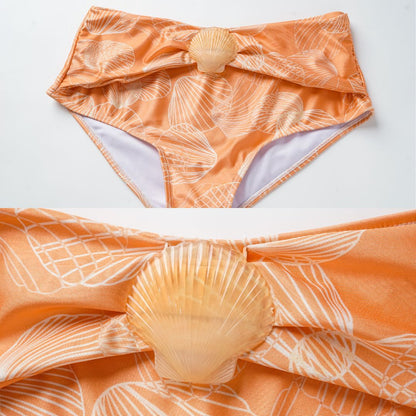 Long Sleeve Shell Decoration High-Waisted Bikini Swimwear