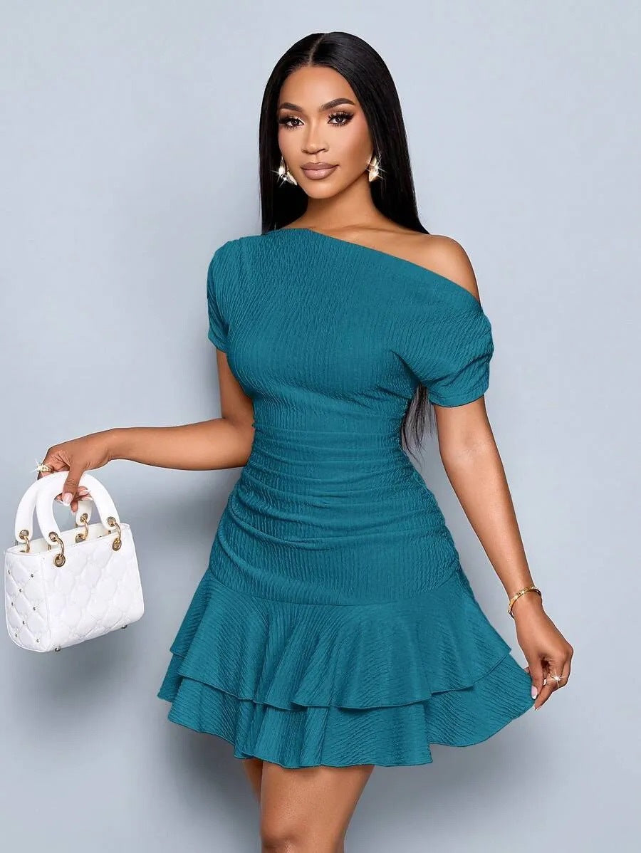 Women's Summer Dress Asymmetrical Shoulder Ruffle Detail Dress