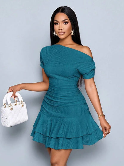 Women's Summer Dress Asymmetrical Shoulder Ruffle Detail Dress