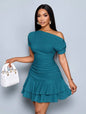 Women's Summer Dress Asymmetrical Shoulder Ruffle Detail Dress