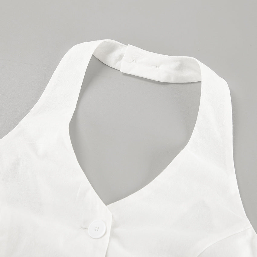 European and American V-neck hanging neck, backless vest, high waisted shorts set