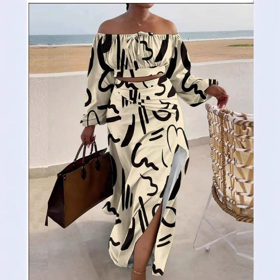 Solid Color Sleeveless Off-Shoulder Top with Slit Dress Two-Piece Set