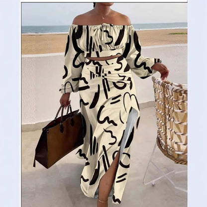 Solid Color Sleeveless Off-Shoulder Top with Slit Dress Two-Piece Set
