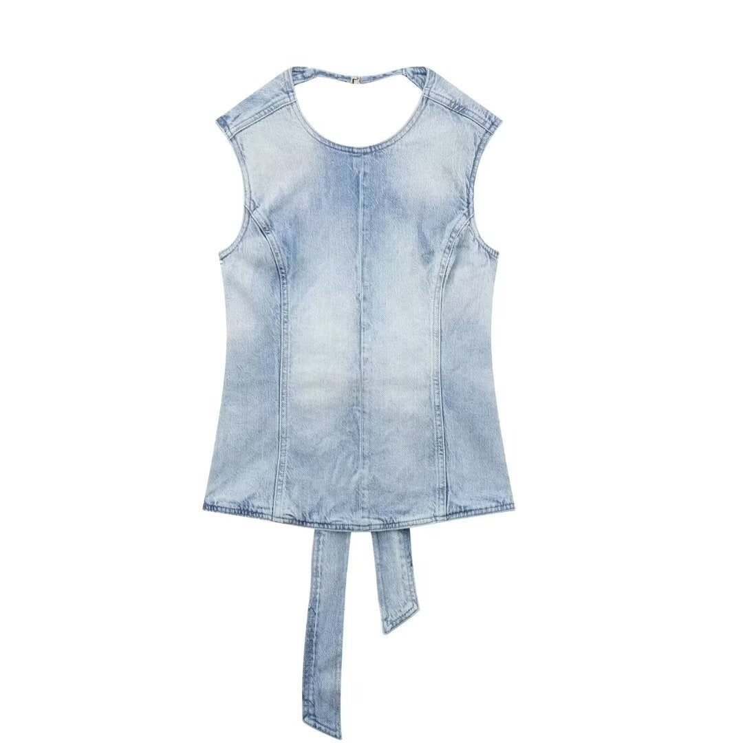 Fashionable temperament round neck backless lace up vintage denim vest for women