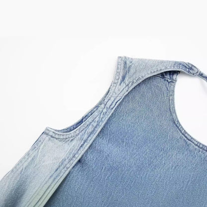 Fashionable temperament round neck backless lace up vintage denim vest for women