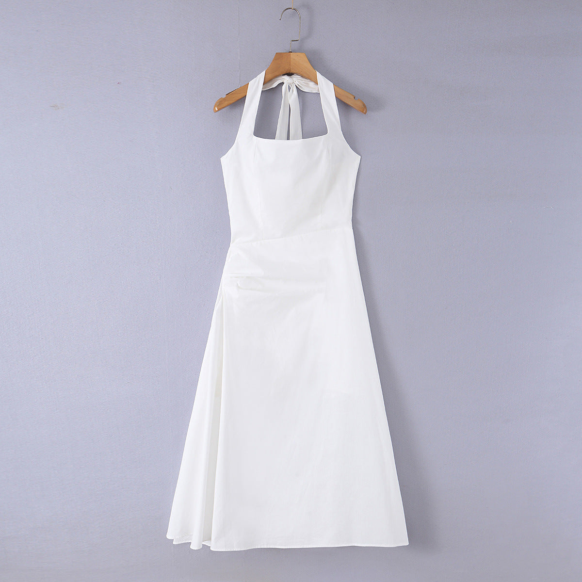 Light mature style elegant hanging neck mid length dress