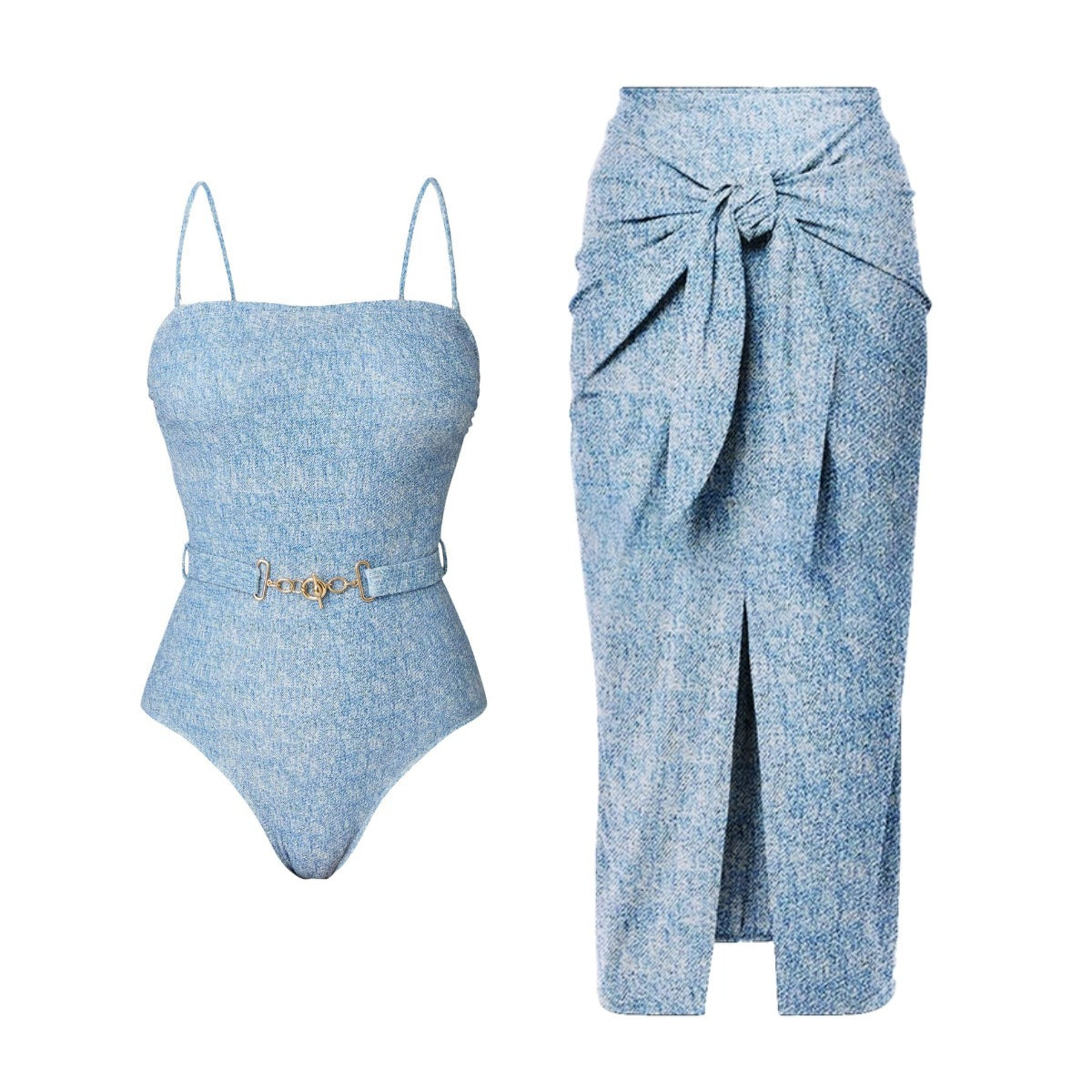 Printed Denim Bikini Set for Women, Sexy Triangular Two-Piece Swimwear