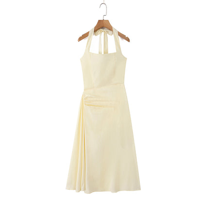 Light mature style elegant hanging neck mid length dress