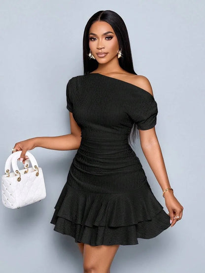 Women's Summer Dress Asymmetrical Shoulder Ruffle Detail Dress