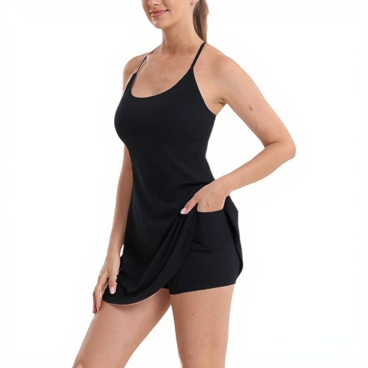 Fashionable Sporty Dress with Anti-See-Through Lining, Built-in Shorts, Removable Pads and Pockets