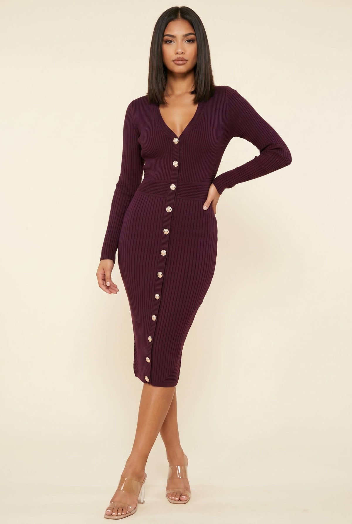 Plum Élan Button-Front Knit Dress