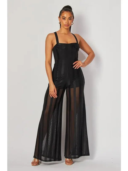 Sleeveless Stripe Mesh Jumpsuit