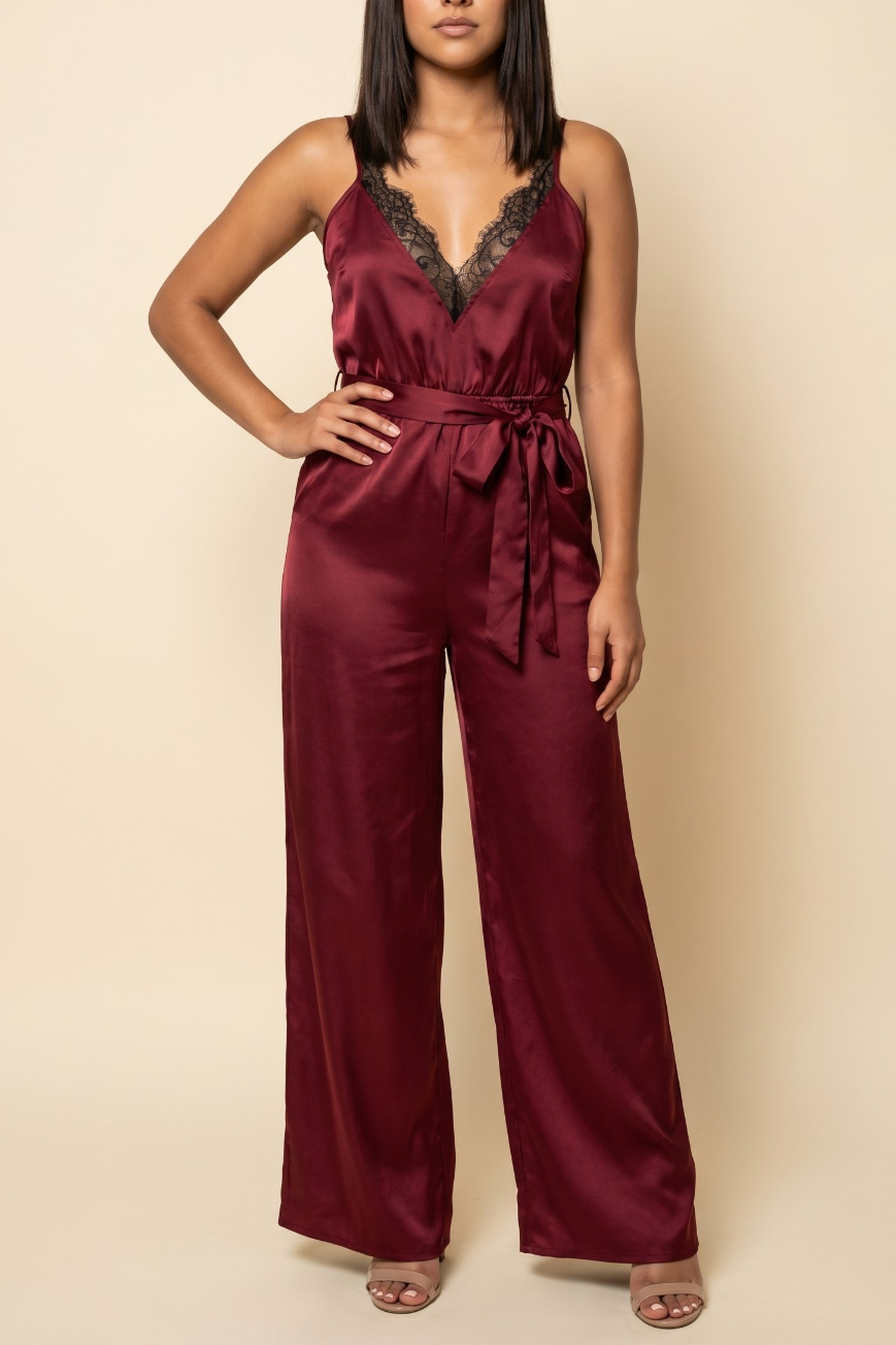 Bordeaux Lace-Trim Satin Jumpsuit