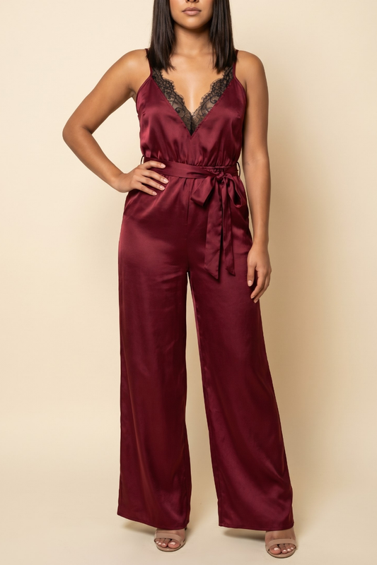 Bordeaux Lace-Trim Satin Jumpsuit
