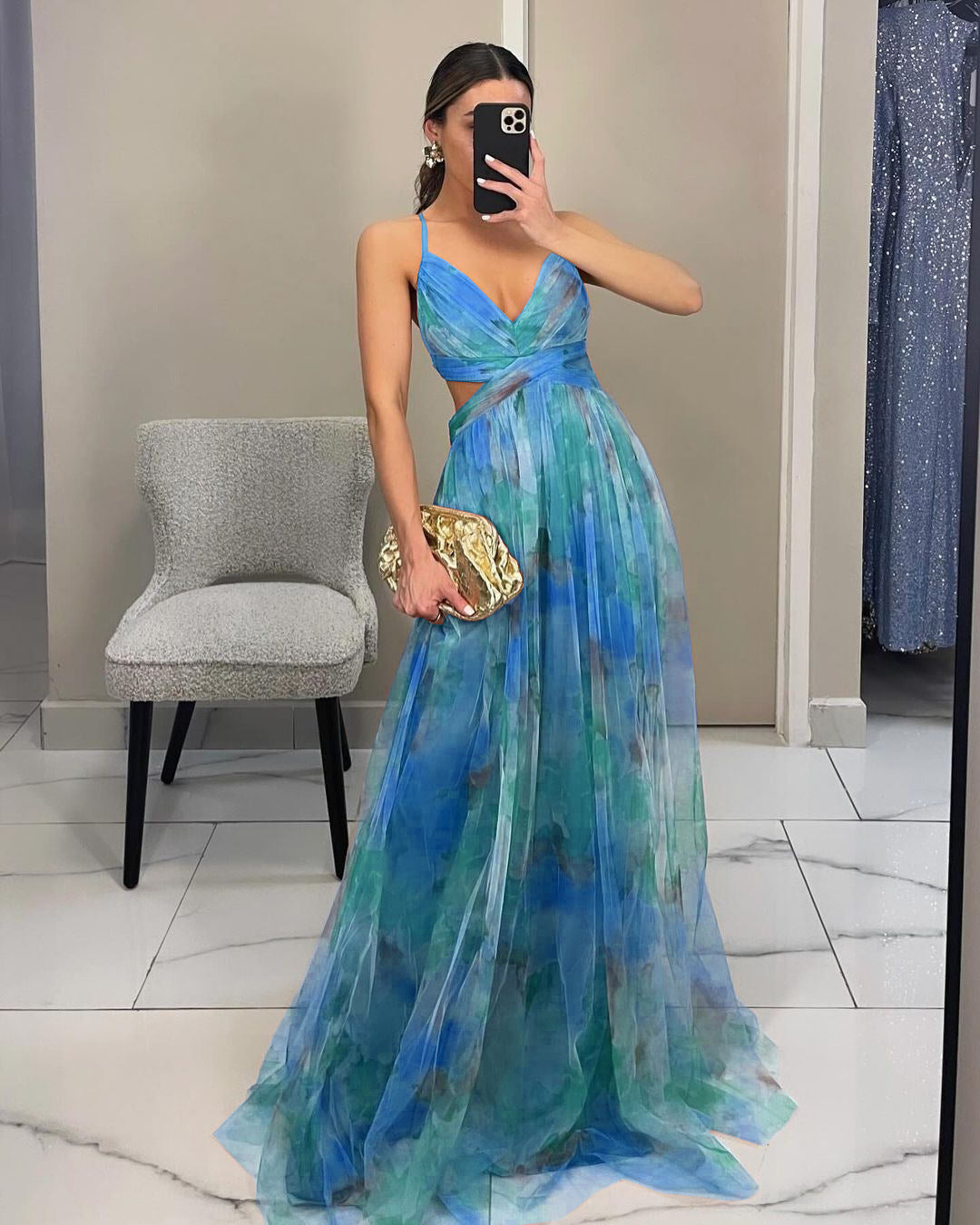 Net-silk printed dress