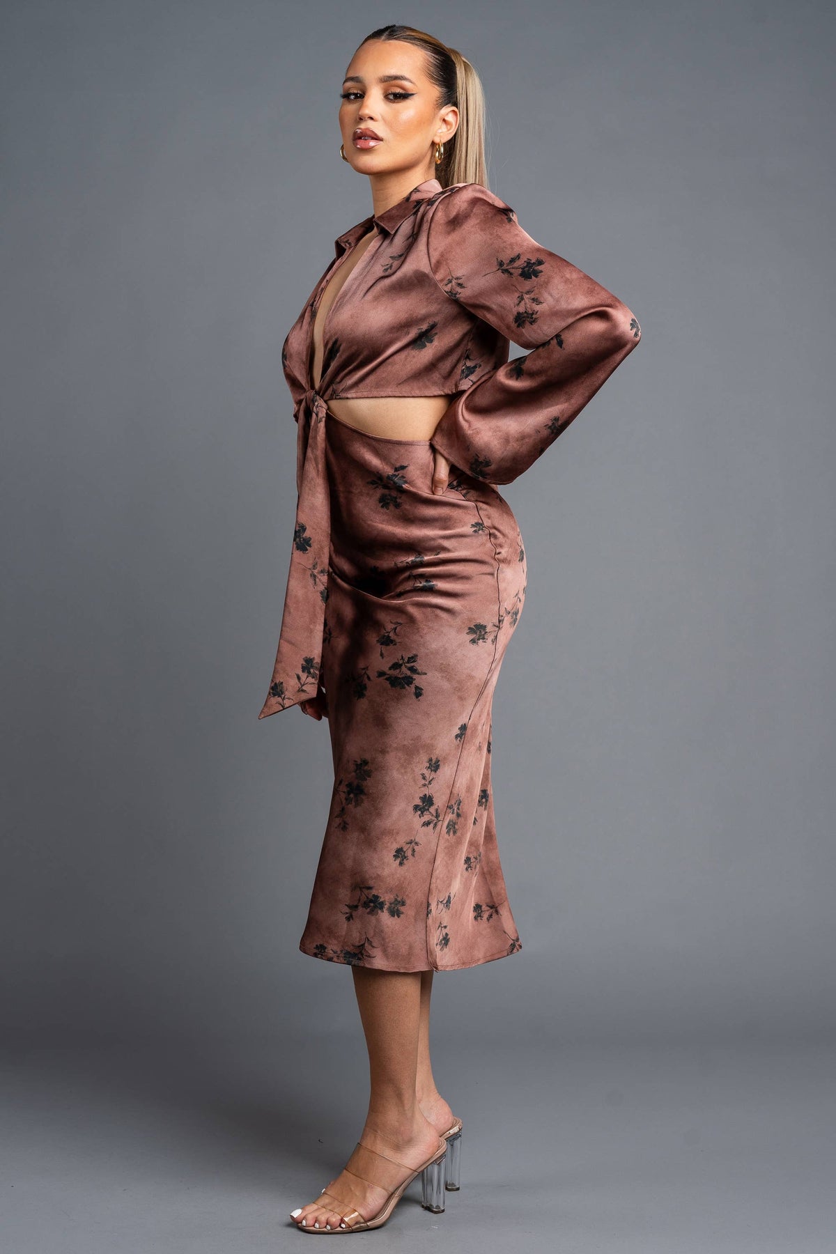 Autumn Bloom Satin Midi Dress
