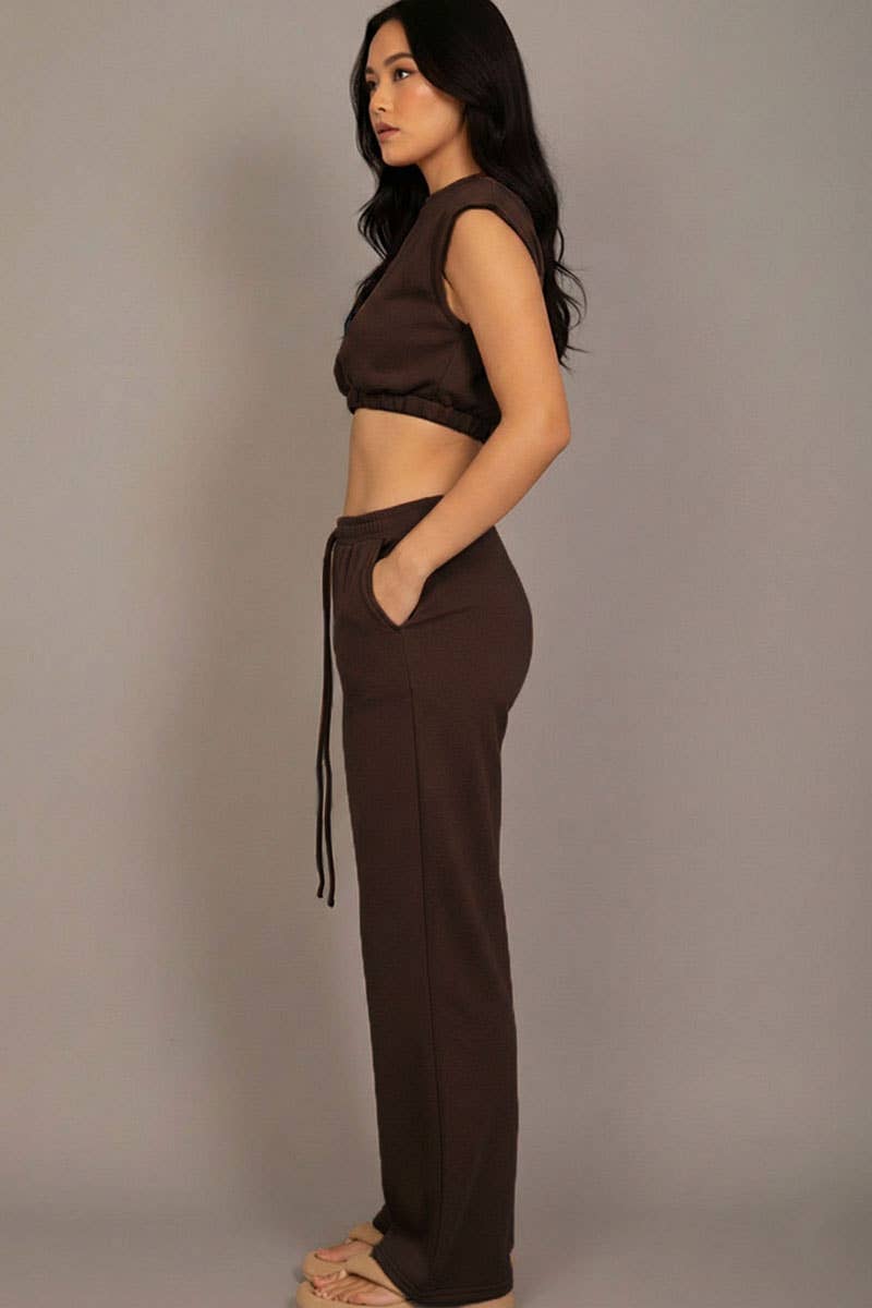 Elastic Hem Crop Top & Wide Leg Pants Set