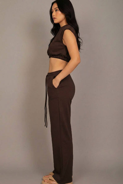 Elastic Hem Crop Top & Wide Leg Pants Set