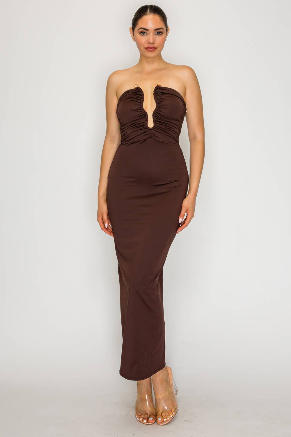 Ruched Strapless Midi Dress