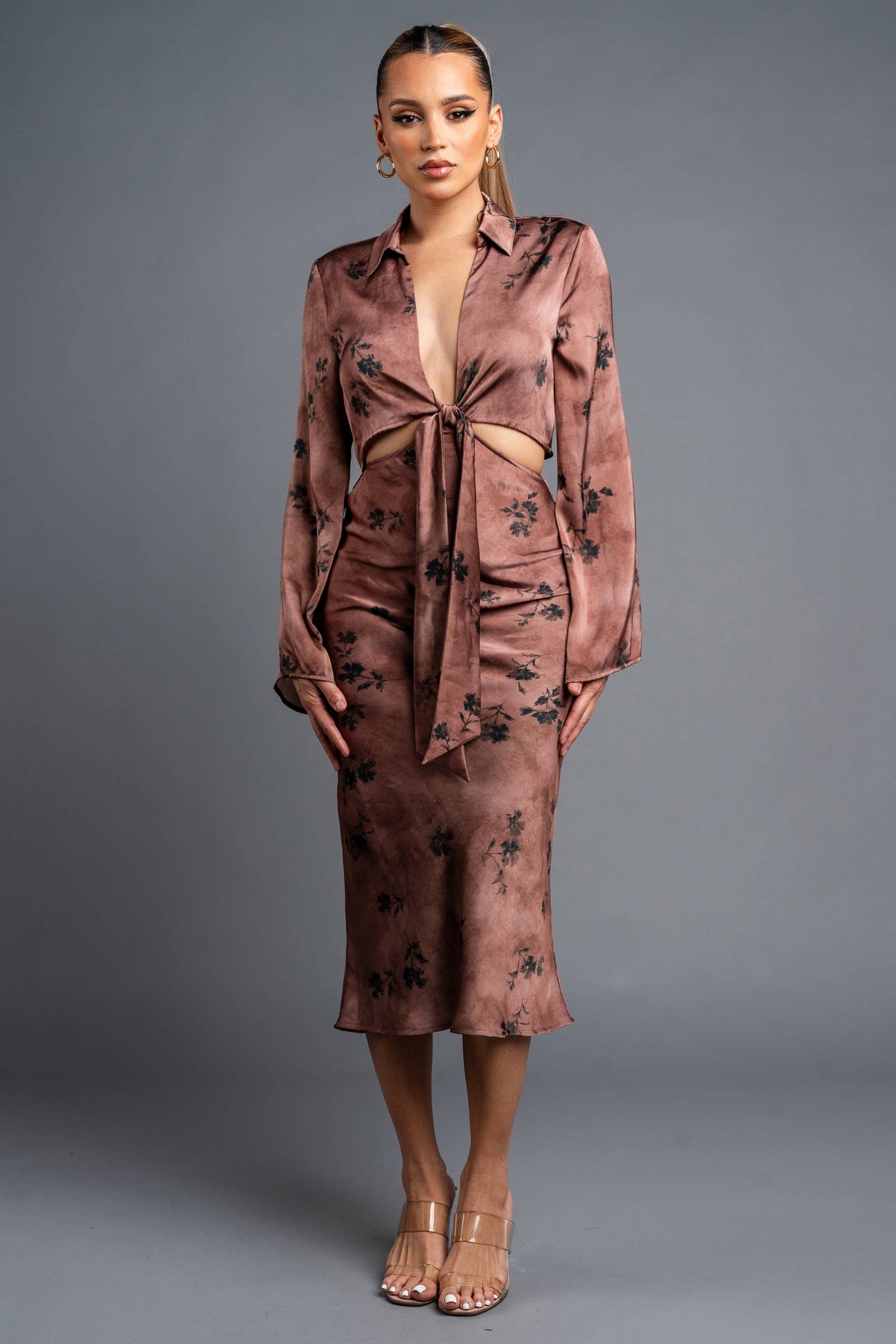Autumn Bloom Satin Midi Dress
