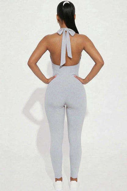 Halter V Neck Ribbed Bodycon Jumpsuit